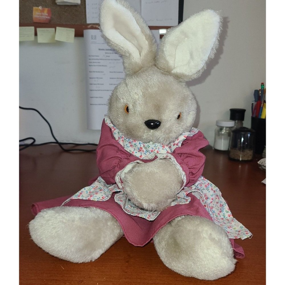 1986 Chadwick Miller Plush Bunny Rabbit 18” Cloth Rose Gray w Frock Easter